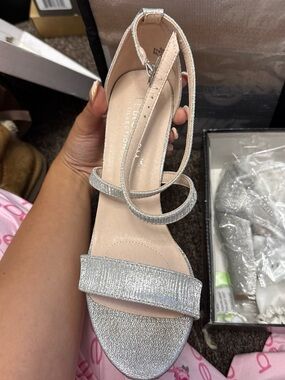 De Blossom Collection Silver Glitter Ankle-Strap Heels